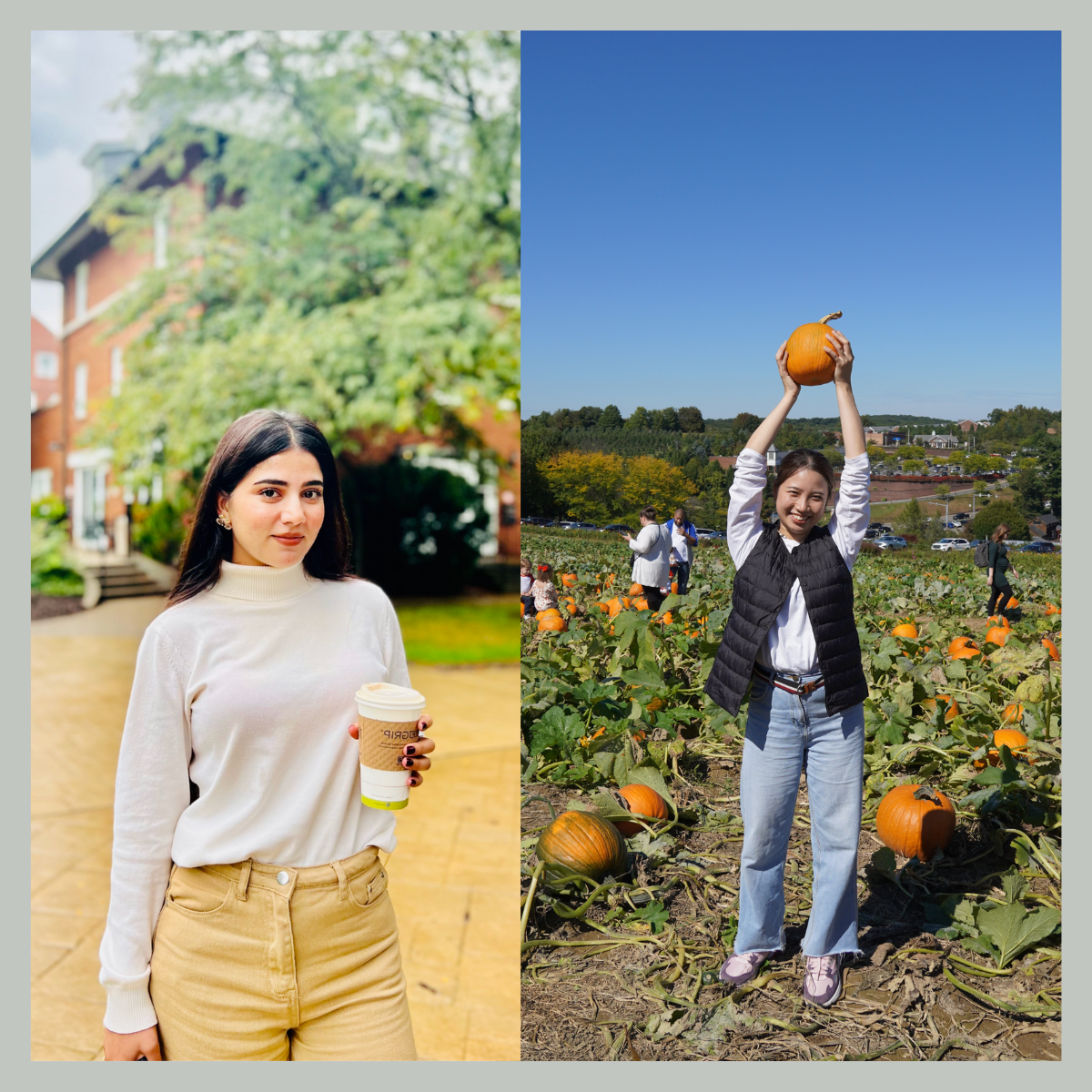 两张照片并排, a young woman holding a pumpkin in a field 和 another young woman holding a coffee cup on 足球波胆平台
